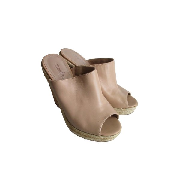 *Charles David Beige Leather Mule Espadrille Slide Peep Toe Wedge Heels - Picture 2 of 7